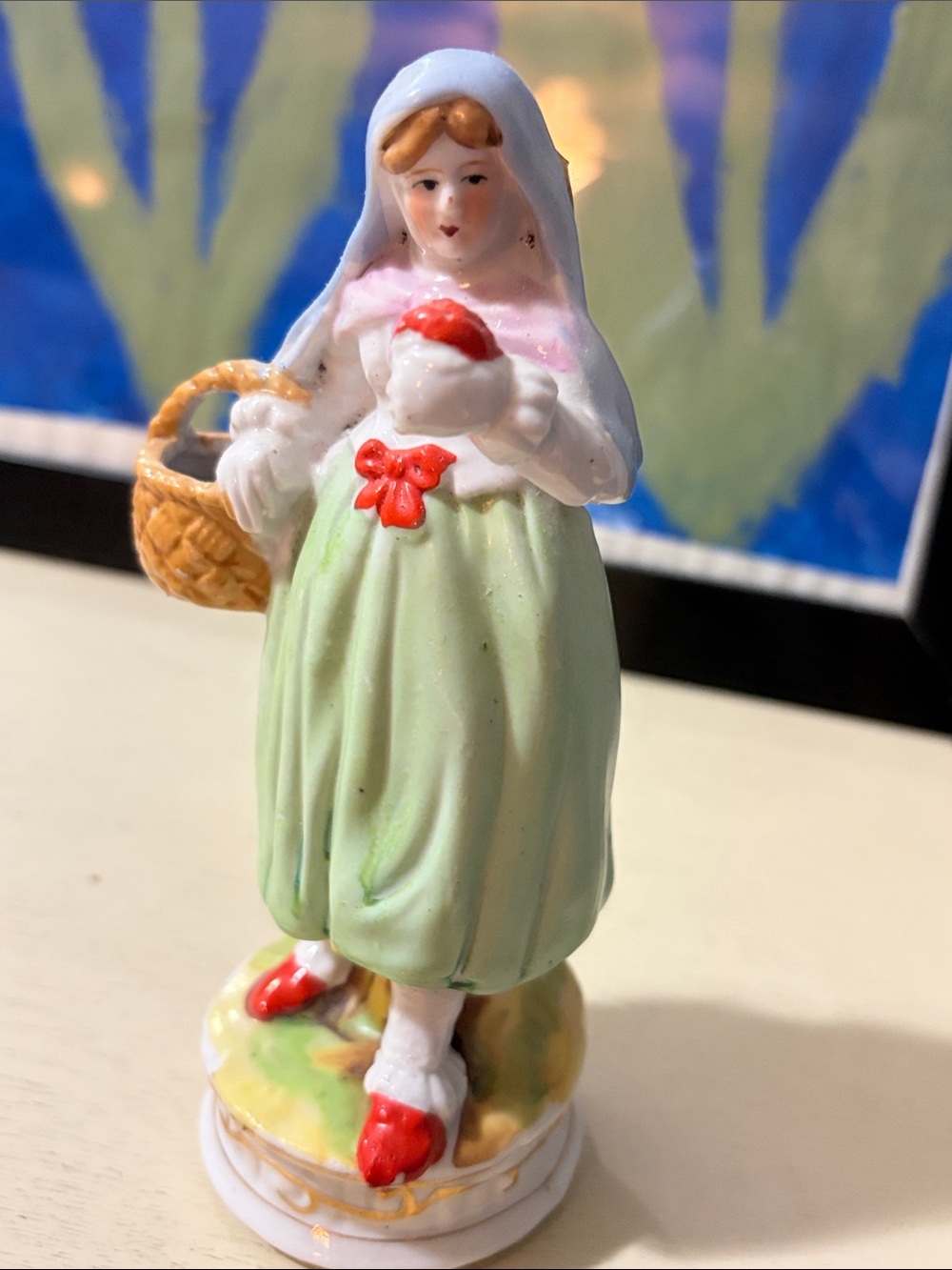 Vintage Porcelain Woman with Basket occupied Japan Mid Century gold accent base